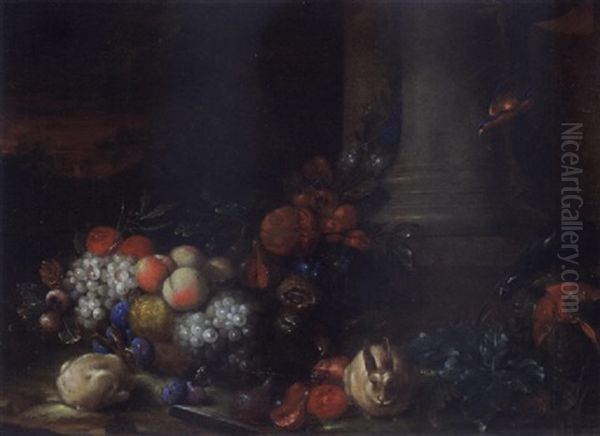A Still Life With Grapes, Peaches, Plums, Pomegranates, Apricots, Figs, Medlars, And Bitter Oranges, Together With Two Rabbits, A Macaw And A Kingfisher - view 1