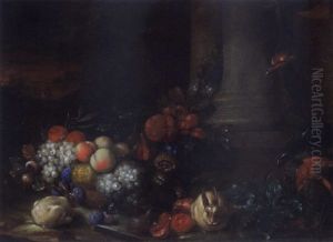 A Still Life With Grapes, Peaches, Plums, Pomegranates, Apricots, Figs, Medlars, And Bitter Oranges, Together With Two Rabbits, A Macaw And A Kingfisher