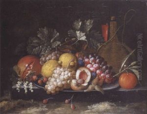 Plat De Fruits, Bouteille Et Verre De Vin Poses Sur Une Marche De Pierre by Peter Mathys Gillemans