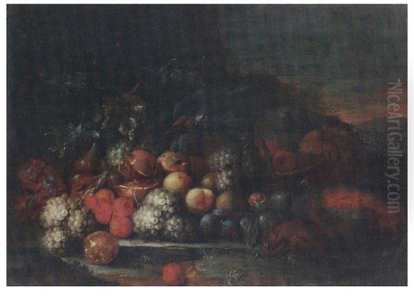 Still Life Of Grapes, Peaches, Plums, Pomegranates, Figs And Melons, Together With A Red Squirrel And A Parrot In A Landscape - view 1
