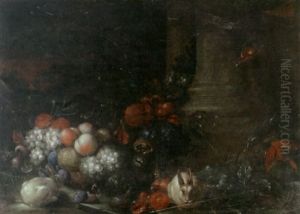 A Still Life With Fruit And Two Hares, A Parrot On A Squash And A Hummingbird By Columns In A Extensive Landscape by Peter Mathys Gillemans