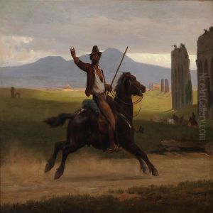 An Italian Man On Horseback At The Roman Compagne by Otto Bache