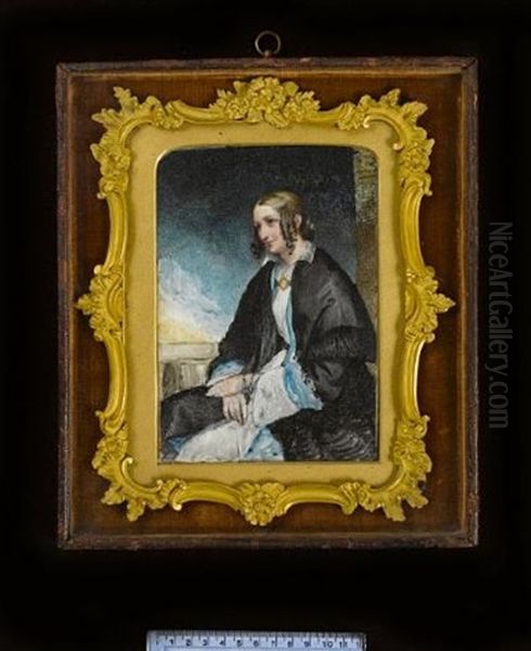 Mary Gillies, Wearing Black Shawl Over Blue And White Dress, A Gold Brooch At Her Breast, Her Brown Hair Dressed In Ringlets - view 1