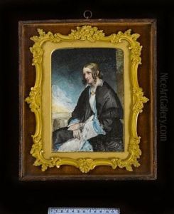 Mary Gillies, Wearing Black Shawl Over Blue And White Dress, A Gold Brooch At Her Breast, Her Brown Hair Dressed In Ringlets by Margaret Gillies