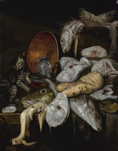 Still Life Of Fish And A Cat, With A Copper Basin by Jakob Gillig