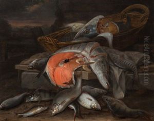Still Life With A Pike, A Slice Of Salmon And A Basket On A Stone Plinth