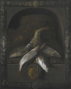 Still Life Of Freshwater Fish Piled High In A Carved Stone Niche by Jakob Gillig