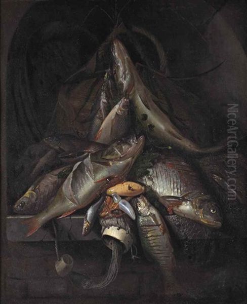 A Still Life Of Freshwater Fish Piled High In A Stone Niche - view 1