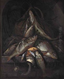 A Still Life Of Freshwater Fish Piled High In A Stone Niche by Jakob Gillig