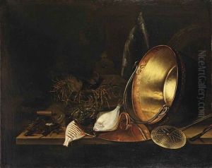 A Copper Pot And Lid, A Knive, A Crab, Several Fish, Mussels, Seaweed And A Wicker Basket, All On A Wooden Table by Jakob Gillig