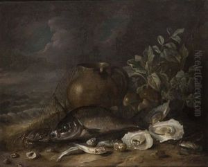 Nature Morte A La Dorade, Aux Huitres Et Aux Sardines Deposees Sur Un Rivage
