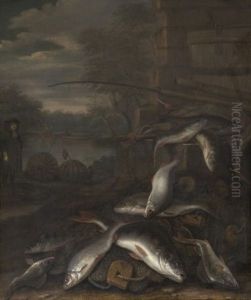 Nature Morte Aux Peches, Mat De Peche Et Gardons Avec Le Portrait Presume D'isaac Watton by Jakob Gillig