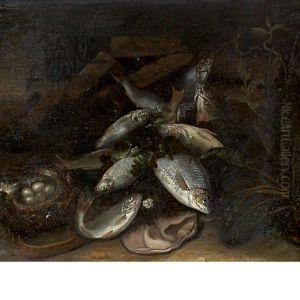 Still Life With Fish And A Bird's Nest With Eggs In A Landscape by Jakob Gillig