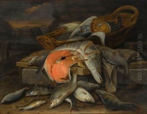 A Still Life With A Pike, A Piece Of Salmon In A Basket, Together With Perches And Other Fresh-water Fish All On Different Ledges