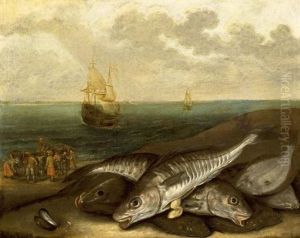 A Still Life With Haddock And Plaice On A Beach, Together With Fishmongers Selling Their Catch And Sailing Vessels At Sea In The Background (in Collab. W/follower Of Adam Willaerts) A Still Life With Haddock And Plaice On A Beach, Together With Fishmongers Selling Their Catch And Sailing Vessels At Sea In The Background (in Collab. W/follower Of Adam Willaerts)