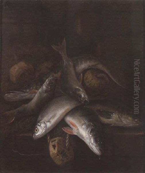 A Pike And Carp With Nets Beside A Barrel On A Brick Wall - view 1