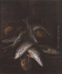 A Pike And Carp With Nets Beside A Barrel On A Brick Wall