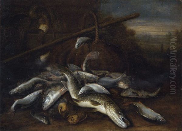 A Pike, A Carp, Roach, And Other Fish In A Landscape With Baskets, Fishing Nets And A Gaff - view 1