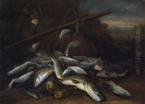 A Pike, A Carp, Roach, And Other Fish In A Landscape With Baskets, Fishing Nets And A Gaff by Jakob Gillig