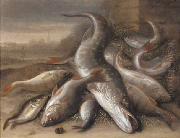 A Pike, Perch And Other Fish On A Bank, A Figure And Church Tower Beyond - view 1