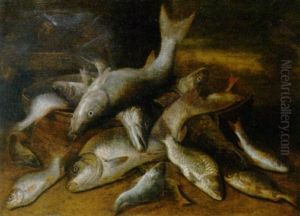 Pikes, Perches, Rudds And A Mackerel In A Basket In A Landscape