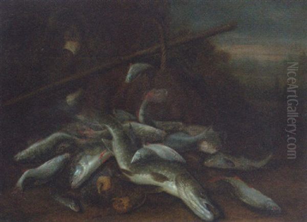 A Pike, Carp, Roach And Other Fish In A Landscape With Baskets, Fishing Nets And A Gaff - view 1