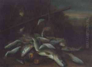 A Pike, Carp, Roach And Other Fish In A Landscape With Baskets, Fishing Nets And A Gaff by Jakob Gillig