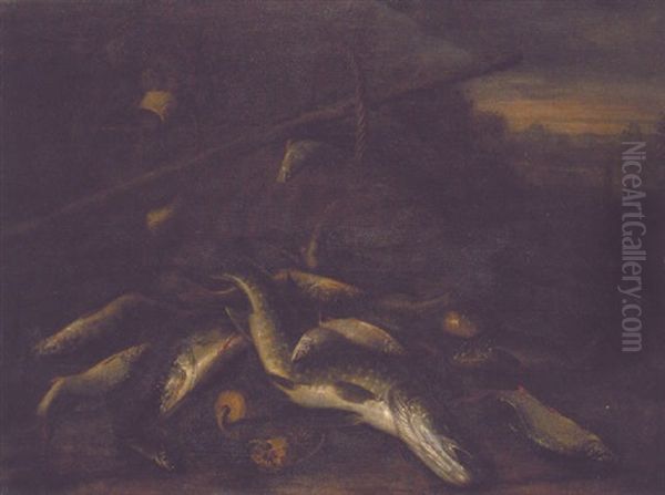 A Pike, Carp, Roach And Other Fish In A Landscape With Baskets, Fishing Nets And A Gaff - view 1