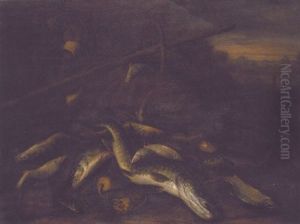A Pike, Carp, Roach And Other Fish In A Landscape With Baskets, Fishing Nets And A Gaff by Jakob Gillig