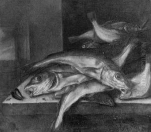 Cod, A Mussel And Other Fish In A Basket On A Ledge By A Window by Jakob Gillig
