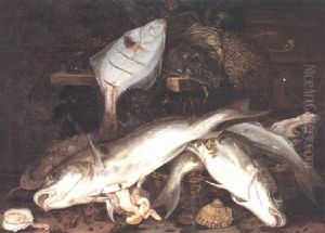 Still Life Of Salt Water Fish, Oysters And Seaweed Lying In Baskets And On Wooden Shelves