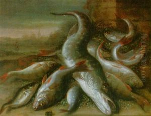 A Still Life Of Freshwater Fish In A Landscape by Jakob Gillig