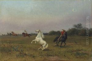 Gauchos Rounding Up Wild Horses In The Mexican Savannah At Dusk