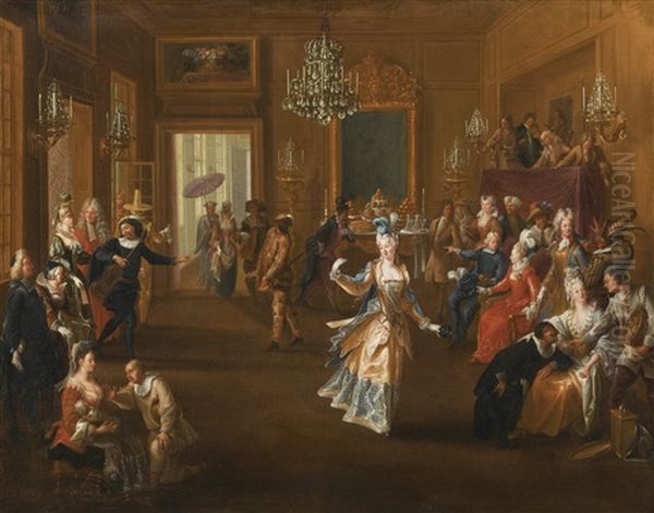 Figures In An Elegant Interior Watching An Entertainment With Commedia Dell'arte Characters - view 1