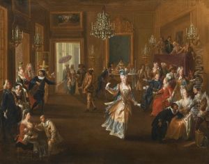 Figures In An Elegant Interior Watching An Entertainment With Commedia Dell'arte Characters by Claude Gillot