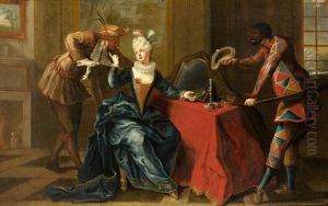 Elegante Descendant D'une Barque Et Couple Et Arlequin Dans Un Interieur (2 Works)