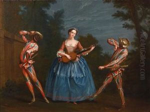 Commedia Dell'arte Figures In A Woodland Clearing (+ Another; Pair) by Claude Gillot