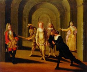 Actors From The Comedia Dell'arte In An Arcade by Claude Gillot