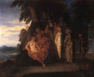 Pierrot, Harlequin And Other Figures From 'comedia Dell'arte' In A Garden by Claude Gillot