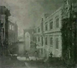 Scene De Duel Dans Un Decor Architectural by Claude Gillot