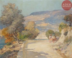 Caleche Sur La Route En Bord De Mer Mediterraneen by Eugene Louis Gillot
