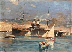 Traffic In A Harbour by Eugene Louis Gillot