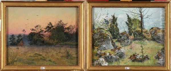 Paysage Aux Rochers Et Coucher De Soleil Sur La Clairiere (pair) - view 1