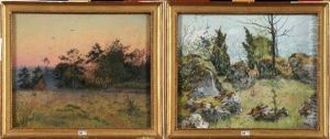 Paysage Aux Rochers Et Coucher De Soleil Sur La Clairiere (pair) by Eugene Louis Gillot