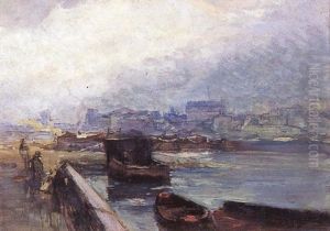 Peniches A Quai by Eugene Louis Gillot
