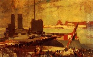 Havneparti Med Talrige Personer Der Overvaerer En Maritim Begravelse
