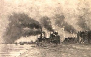 Usines Et Rue Animee by Eugene Louis Gillot