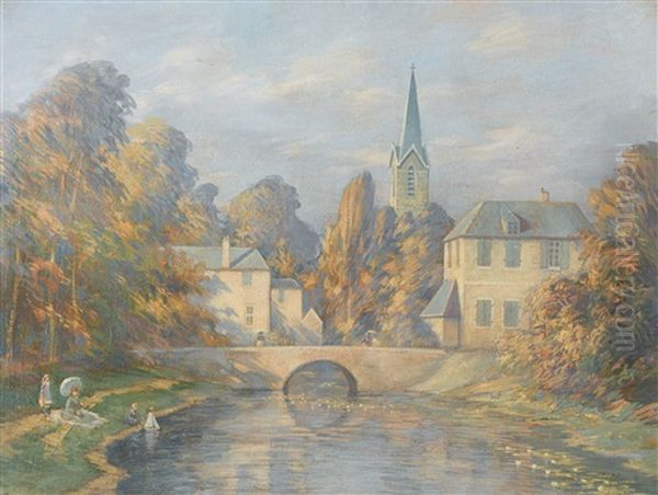 Sommerlicher Fluss Mit Wasserlilien Und Spielendem Kind - view 1