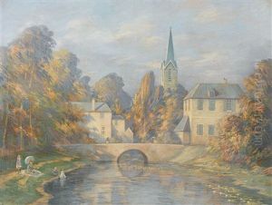 Sommerlicher Fluss Mit Wasserlilien Und Spielendem Kind
