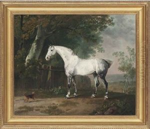 A Grey Horse And A Spaniel In A Landscape by Sawrey Gilpin